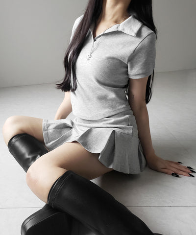 【 2点セット 】スキッパーネック半袖Tシャツ & プリーツミニスカート ワンホンセットアップ / skipper neck short sleeve T-shirt & pleated mini skirt wanghong setup