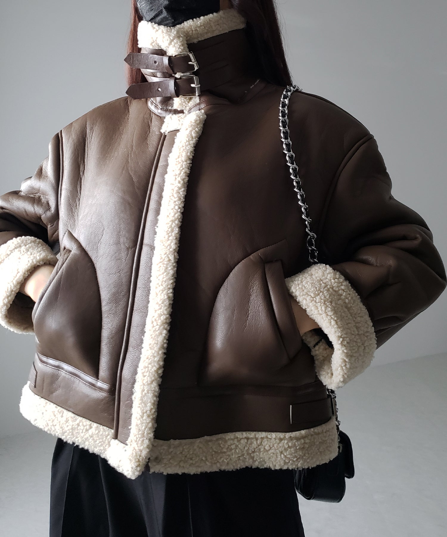 フェイクレザームートンB-3クロップドフライトジャケット