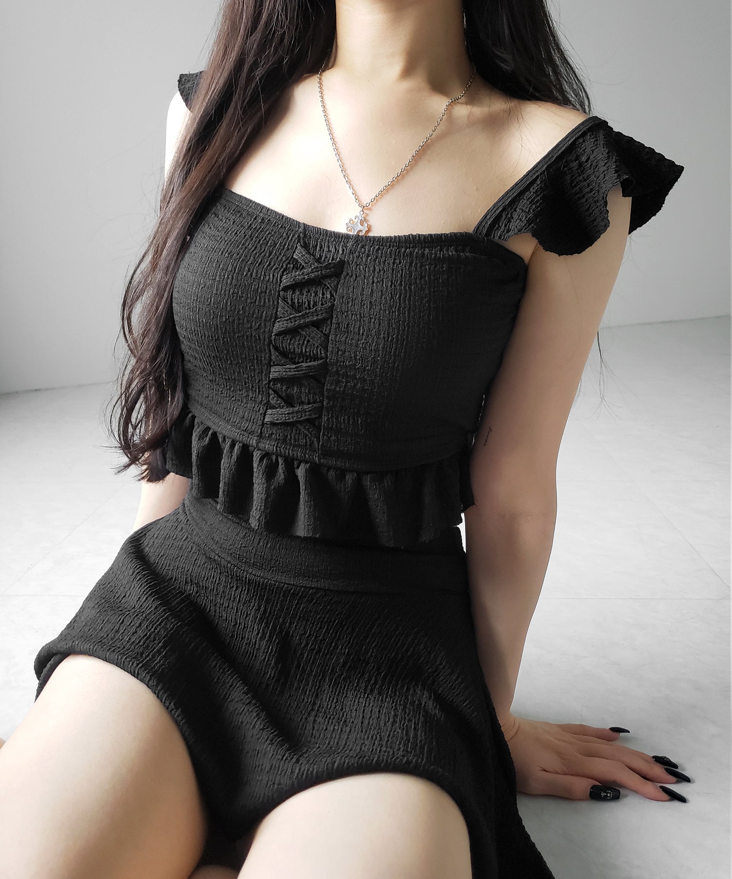 【 レディース水着/2点セット 】レースアップショルダーフリルハイウエストフレアビキニ / lace-up shoulder frill high waist flare bikini