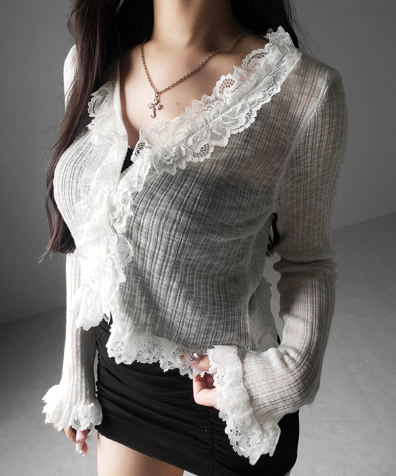 レースフリルシアーニットカーディガン / lace frill sheer knit cardigan