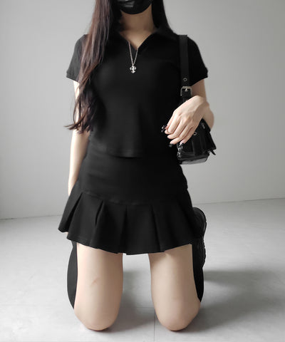 【 2点セット 】スキッパーネック半袖Tシャツ & プリーツミニスカート ワンホンセットアップ / skipper neck short sleeve T-shirt & pleated mini skirt wanghong setup