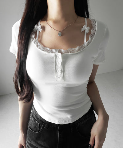 ストラップダブルリボンスクエアネックTシャツ / strap double ribbon square neck T-shirt