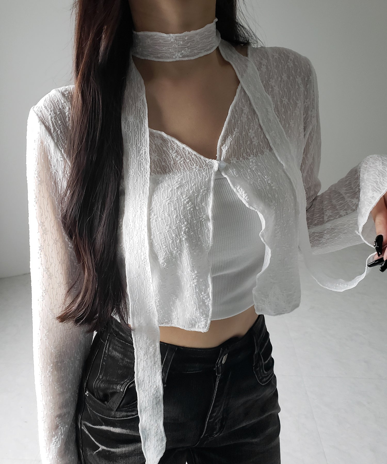 【 2color / 2WAY 】チョーカーロングタイ付きショートシアーカーディガン / choker long tie set short sheer cardigan
