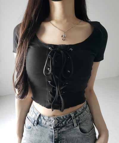 レースアップフロントリボン半袖ショートTシャツ / lace up front ribbon short sleeve short slim T-shirt
