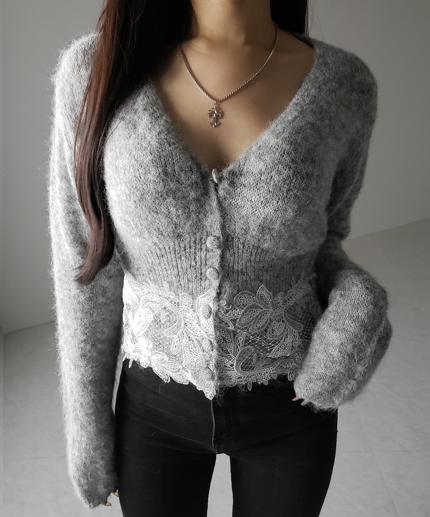 レースドッキングモヘアライクニットカーディガン / Lace docking mohair-like knit cardigan