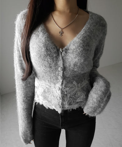 レースドッキングモヘアライクニットカーディガン / Lace docking mohair-like knit cardigan