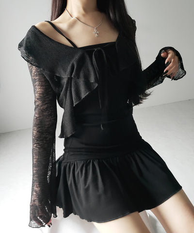 【 2点セット 】フレアキャミワンピ &シアーフリルリボンカーディガン ワンホンセットアップ / flare camisole onepiece & sheer frill ribbon cardigan wanghong SETUP