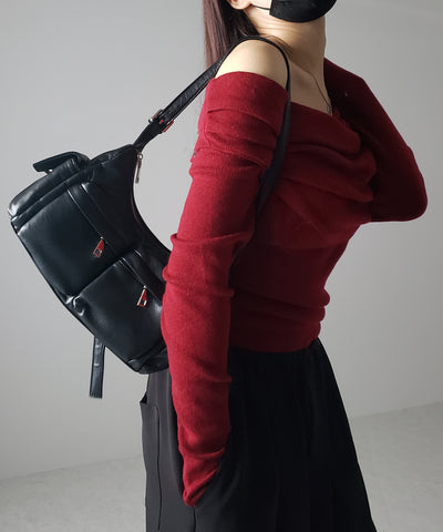 タックデザインドレープオフショルダーリブニット