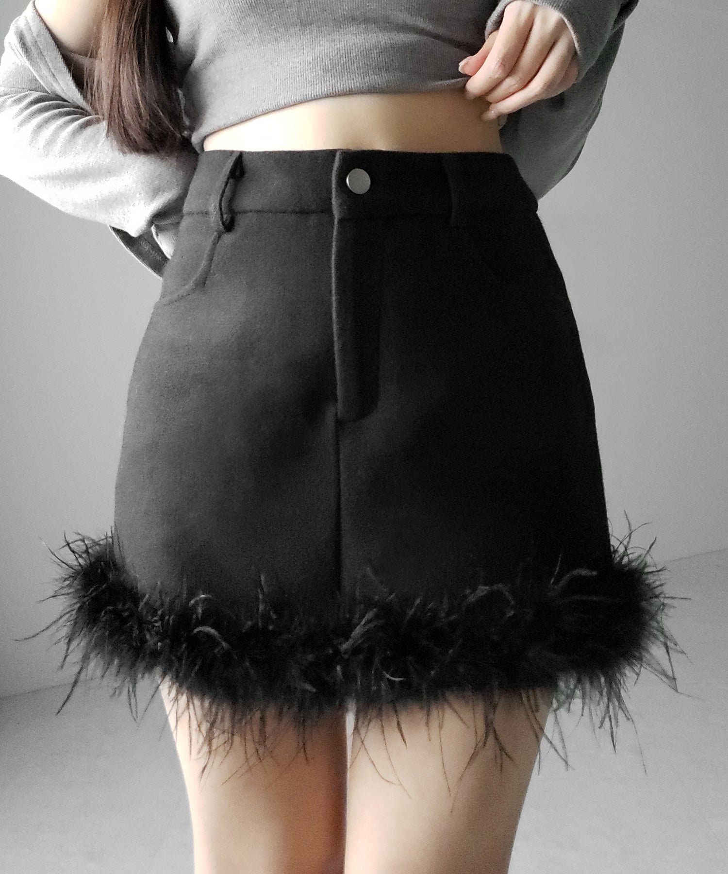 【 インナーパンツ裏地付 】ファードッキングウールライクレディミニスカート / fur docking woollike lady mini skirt