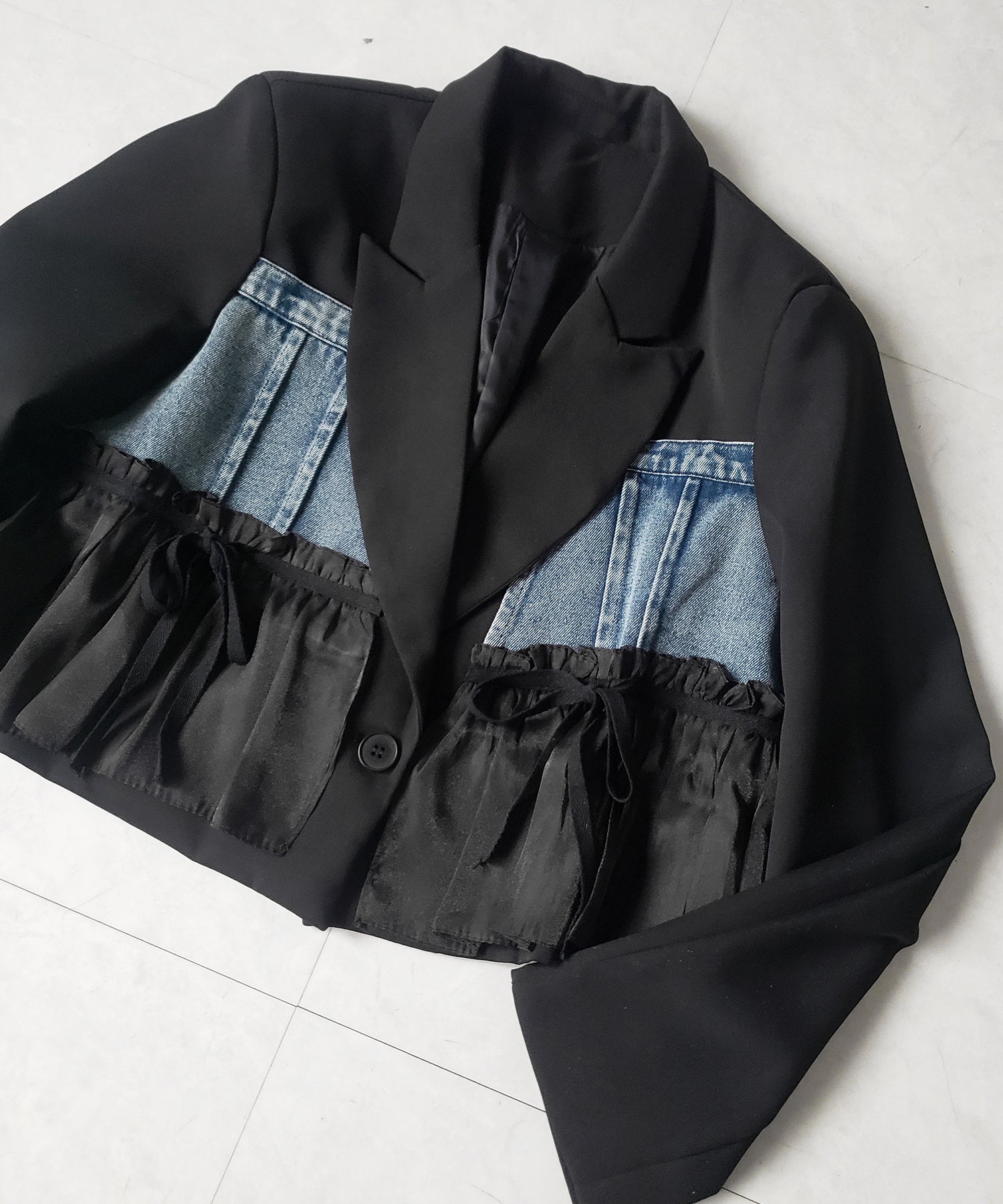 デニムフリルドッキングショートテーラードジャケット /denim frill docking short tailored jacket