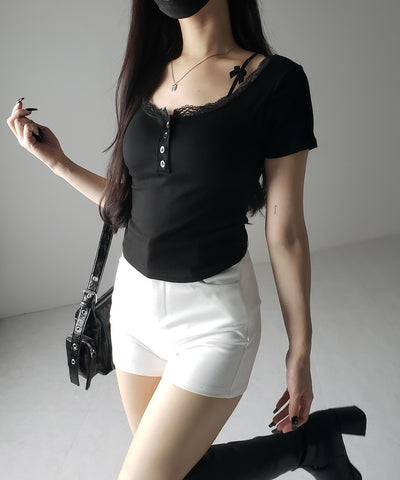 ストラップダブルリボンスクエアネックTシャツ / strap double ribbon square neck T-shirt