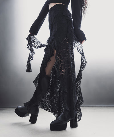 【 裏地付 】アシンメトリーフリルレーススリットロングスカート / asymmetry frill lace slit long skirt