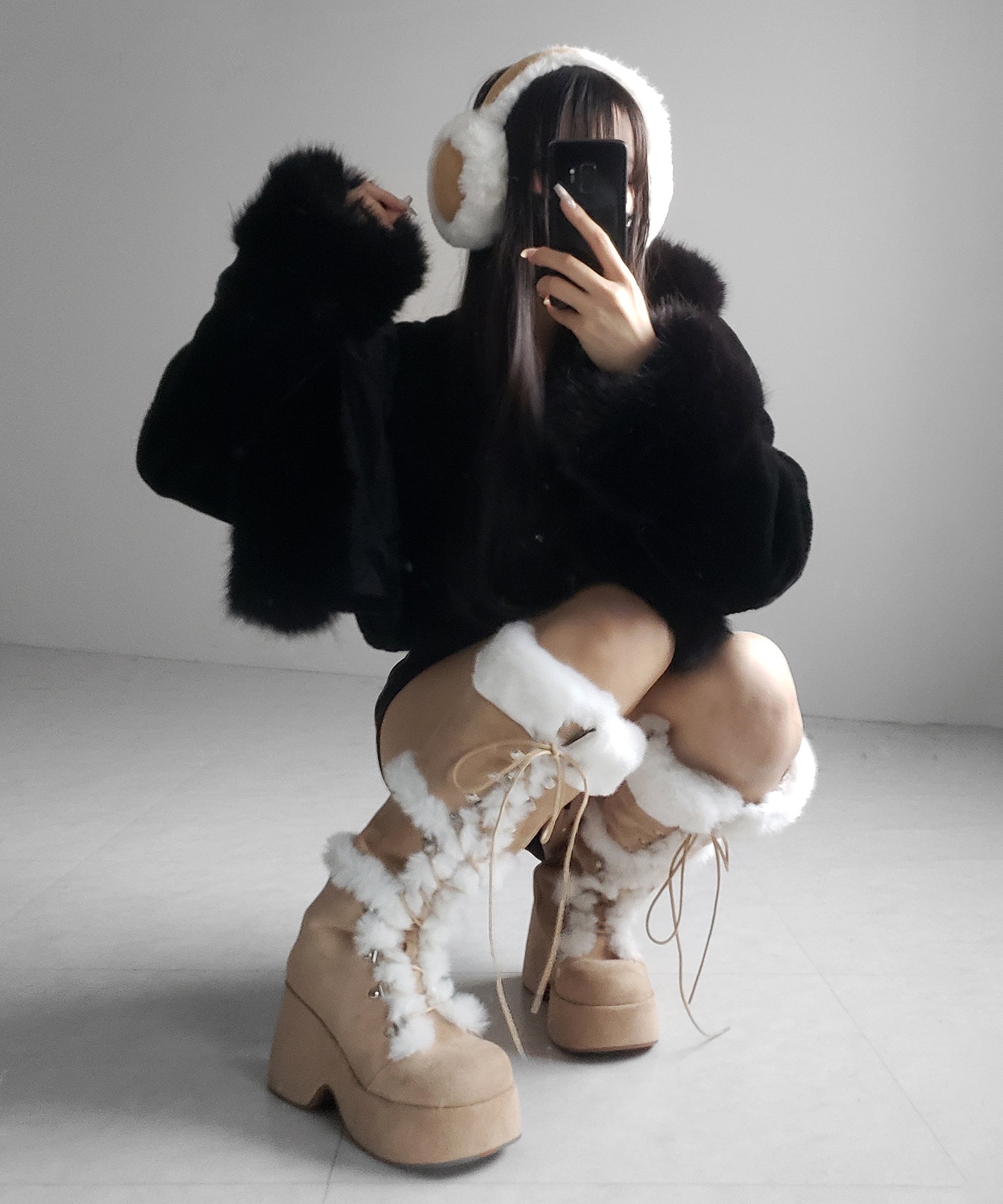 厚底レースアップムートンロングブーツ / platform laceup mouton long boots