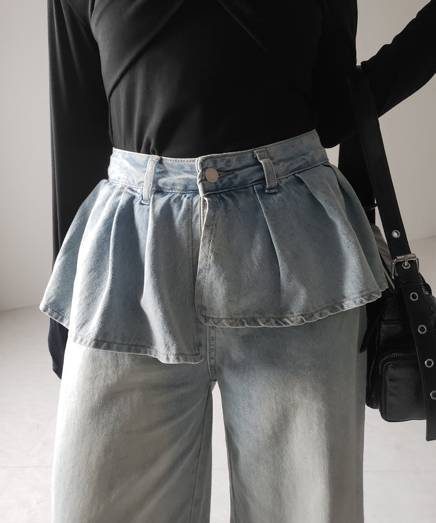 【 2color / 4size 】フリルドッキングレイヤードヴィンテージワイドデニム / frll docking layered vintage wide denim