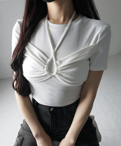 クロスネックレイヤードシャーリングTシャツ / cross neck layered shirring T-shirt