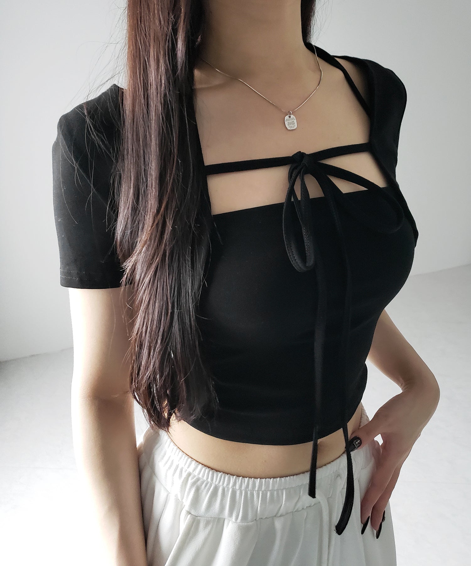 【 2点セット 】フロントリボンショートカーディガン+ ホルターキャミソール SET / front ribbon short cardigan + halter camisole SET