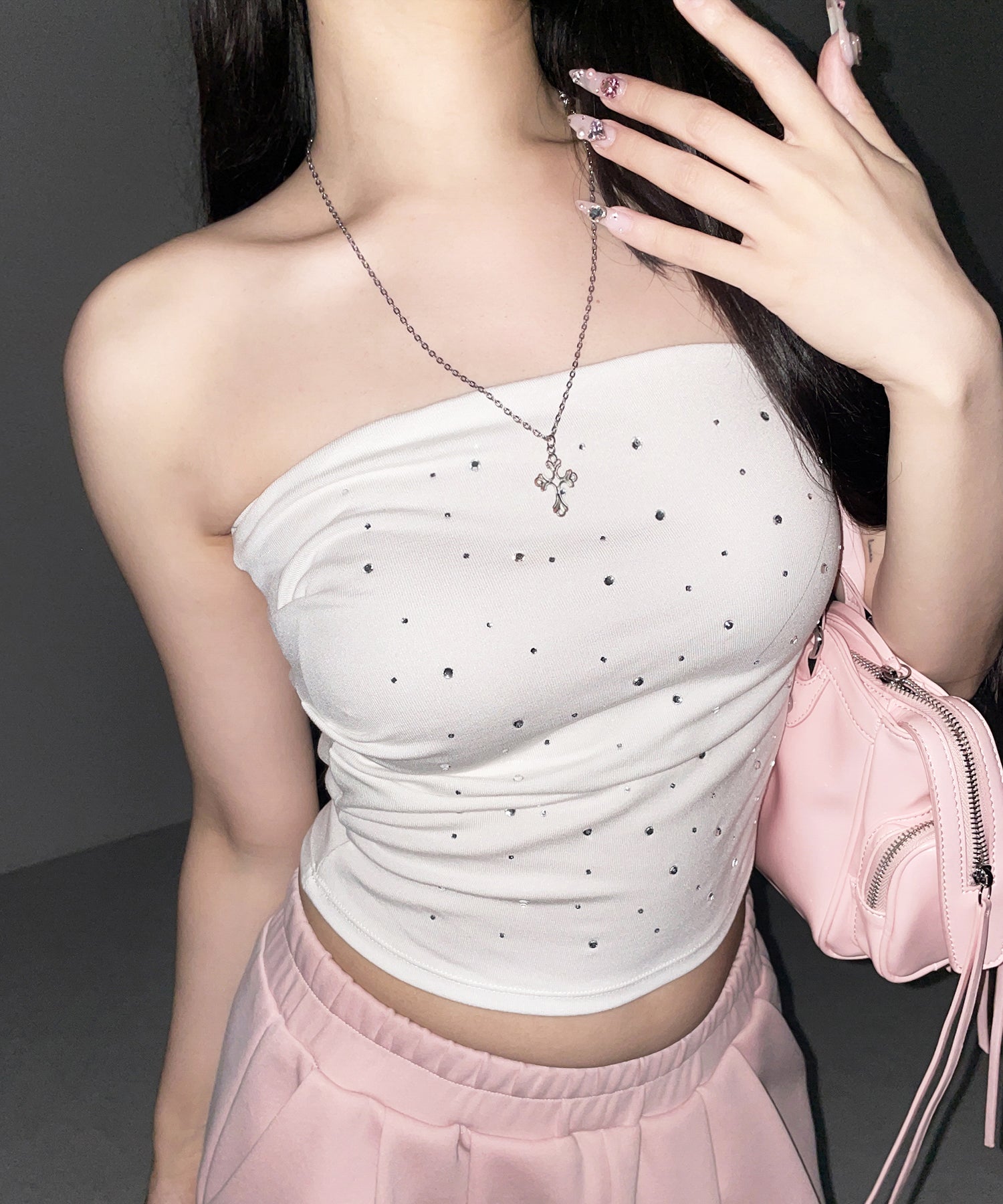 ラインストーンスリムフィットベアトップ / Rhinestone slim fit bare top