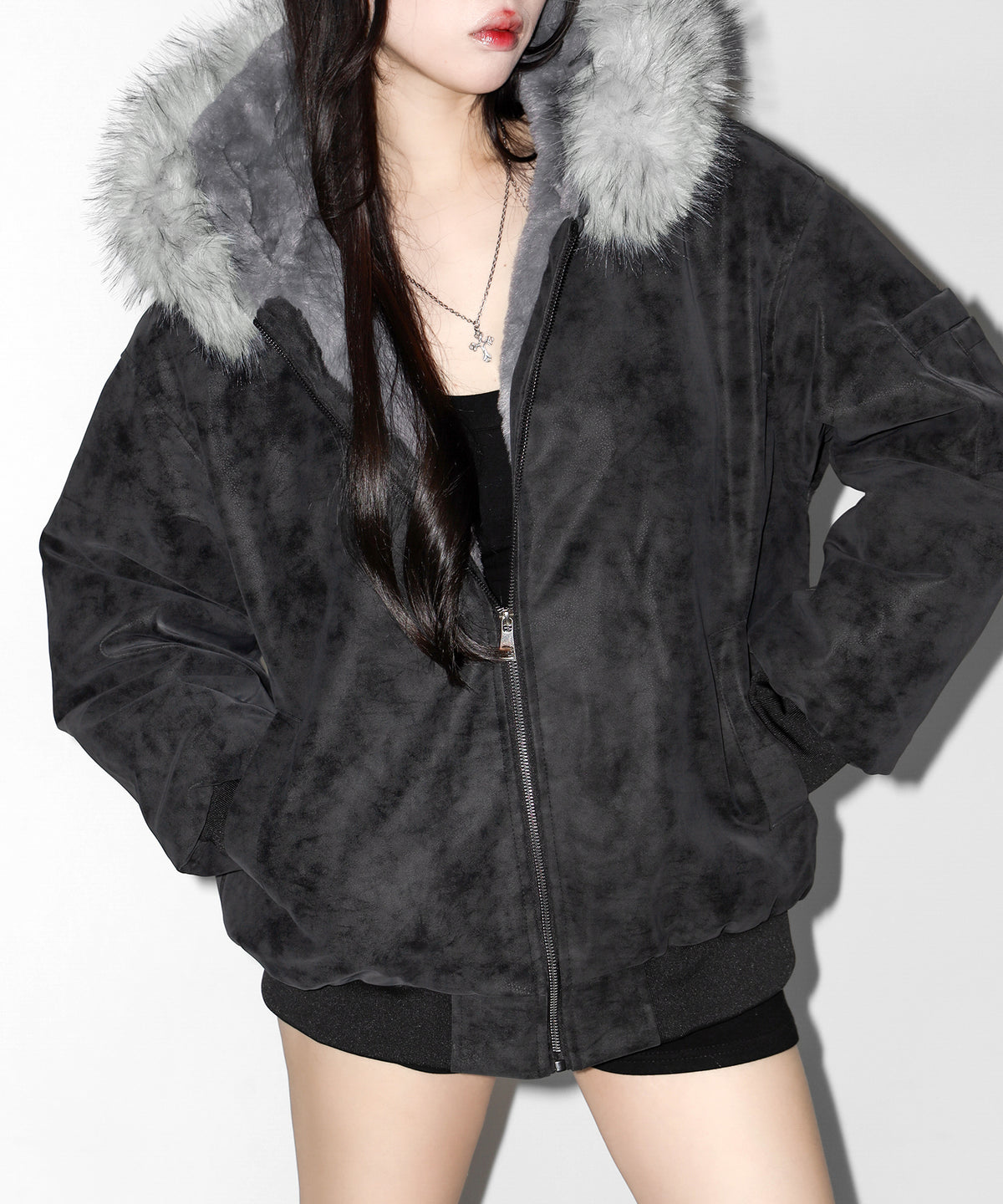 ファーフードヴィンテージフェイクレザーオーバーブルゾン / fur hooded vintage fake leather over blouson