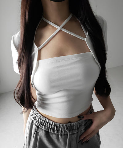 【 2点セット 】フロントリボンショートカーディガン+ ホルターキャミソール SET / front ribbon short cardigan + halter camisole SET