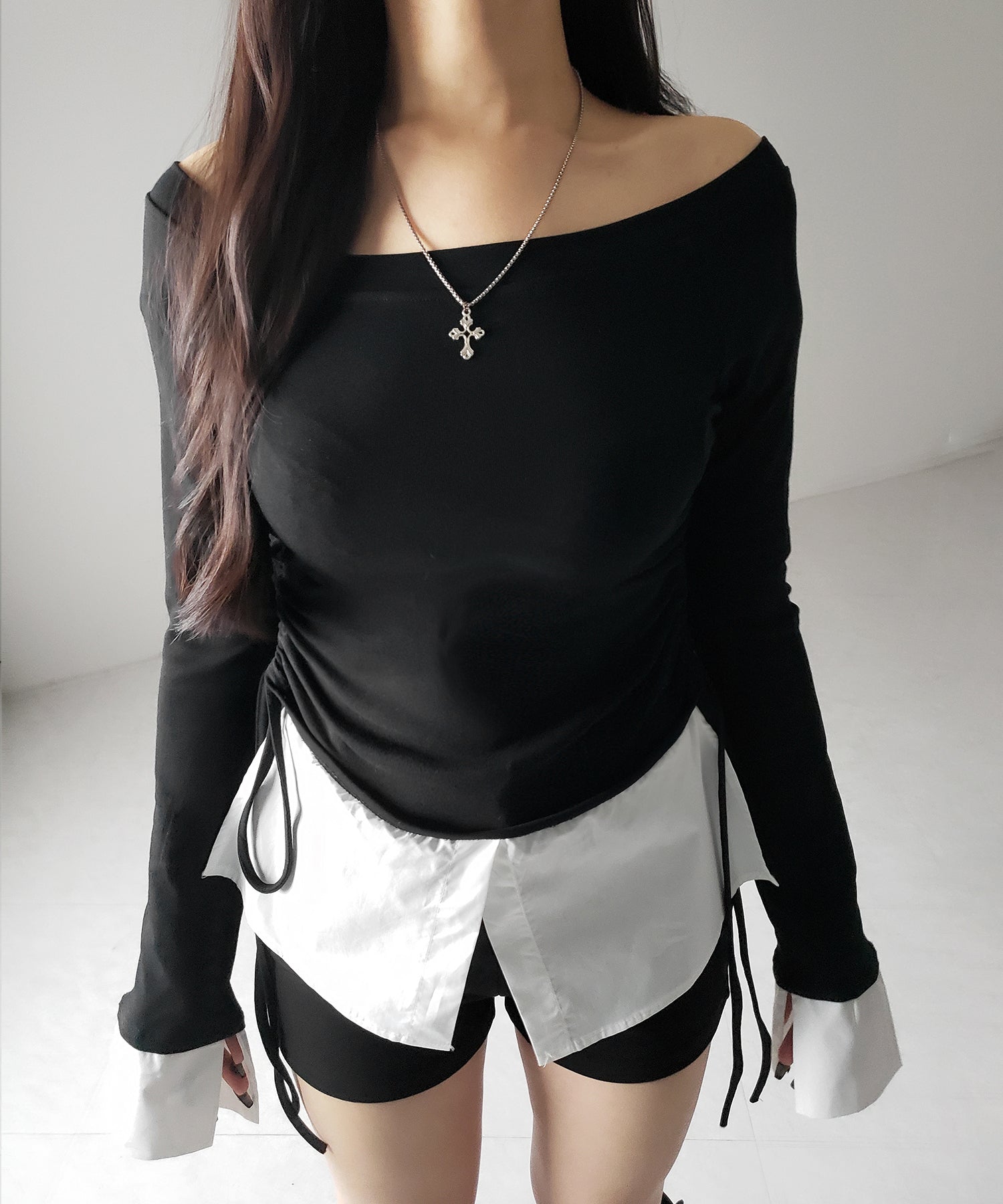 【 2WAY 】シャツドッキングサイドリボンワンショルトップス /shirt docking side ribbon oneshoulder tops