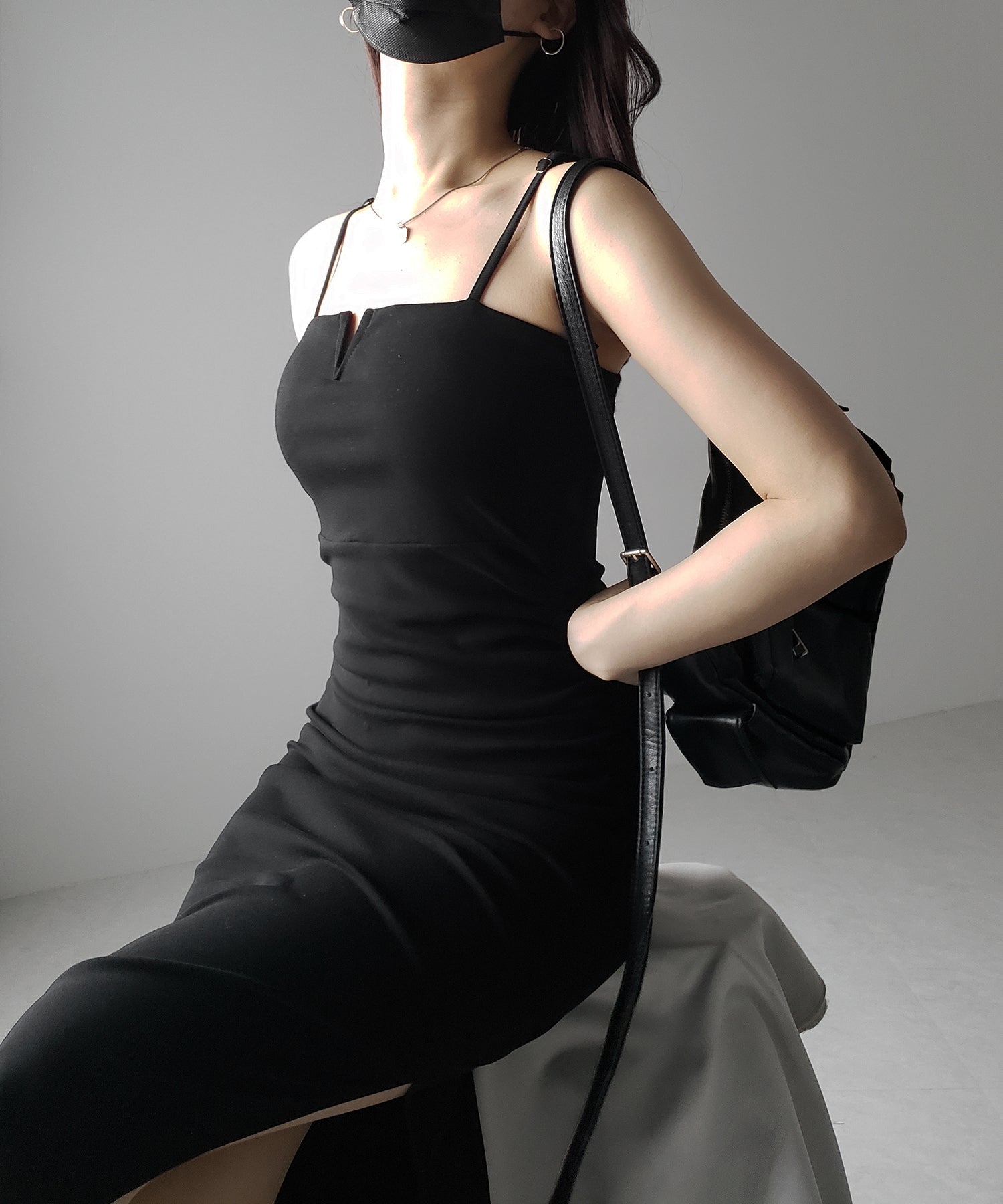 【 パッド付き 】バックストラップサイドシャーリングスリットロングキャミワンピース / back strap side shirring slit long cami onepiece