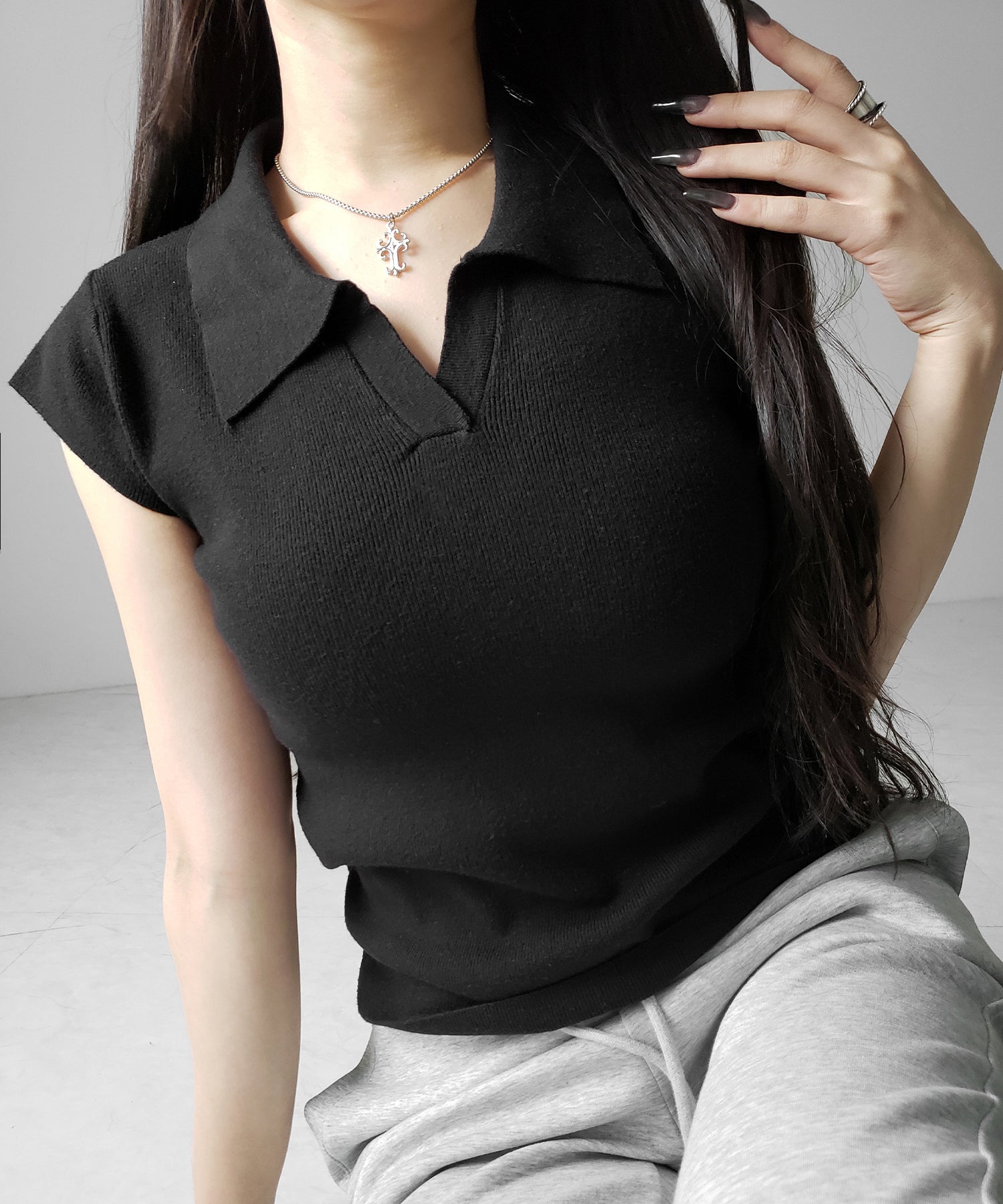 スキッパー半袖ニットトップス /skipper short sleeve knit tops