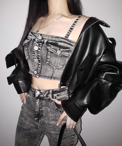 【 セットアップ 】ヴィンテージライクデニムビスチェ + ストレッチフレアデニム SET / 【 SET UP 】 vintage like denim bustier + stretch flare denim