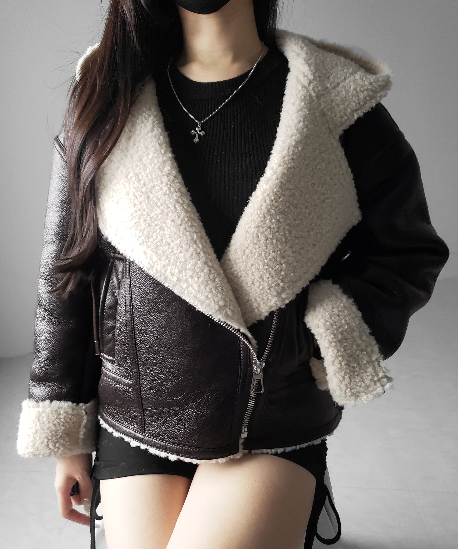 ヴィンテージレザーフーディボアムートンジャケット / vintage leather hoodie boa mouton jacket