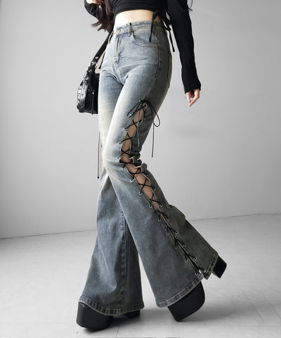 レースアップカットアウトストレッチフレアデニム / lace up cutout stretch flare denim