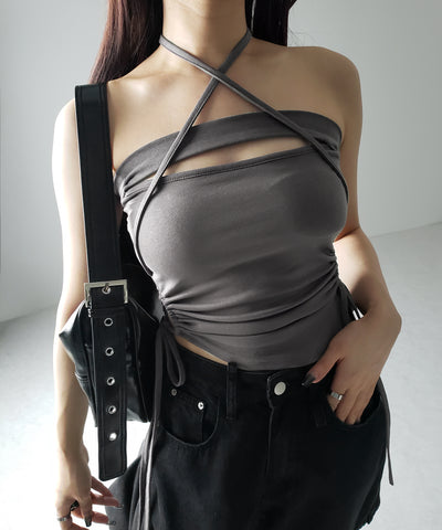 【 カップ付き / 2WAY 】クロスストラップリボンカットアウトショートキャミソール / cross strap ribbon cutout short camisole