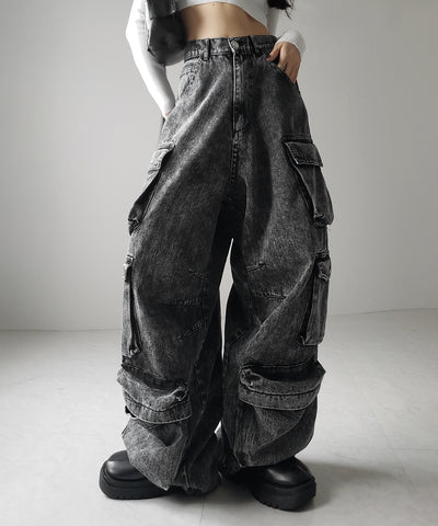 【 デニムセットアップ着用可能 】ヴィンテージケミカルブリーチヘビーワイドカーゴデニム / vintage chemical bleach heavy wide cargo denim