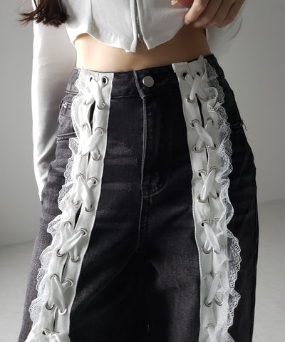 サテンリボンレースアップワイドデニムパンツ / satin ribbon lace up wide denim pants