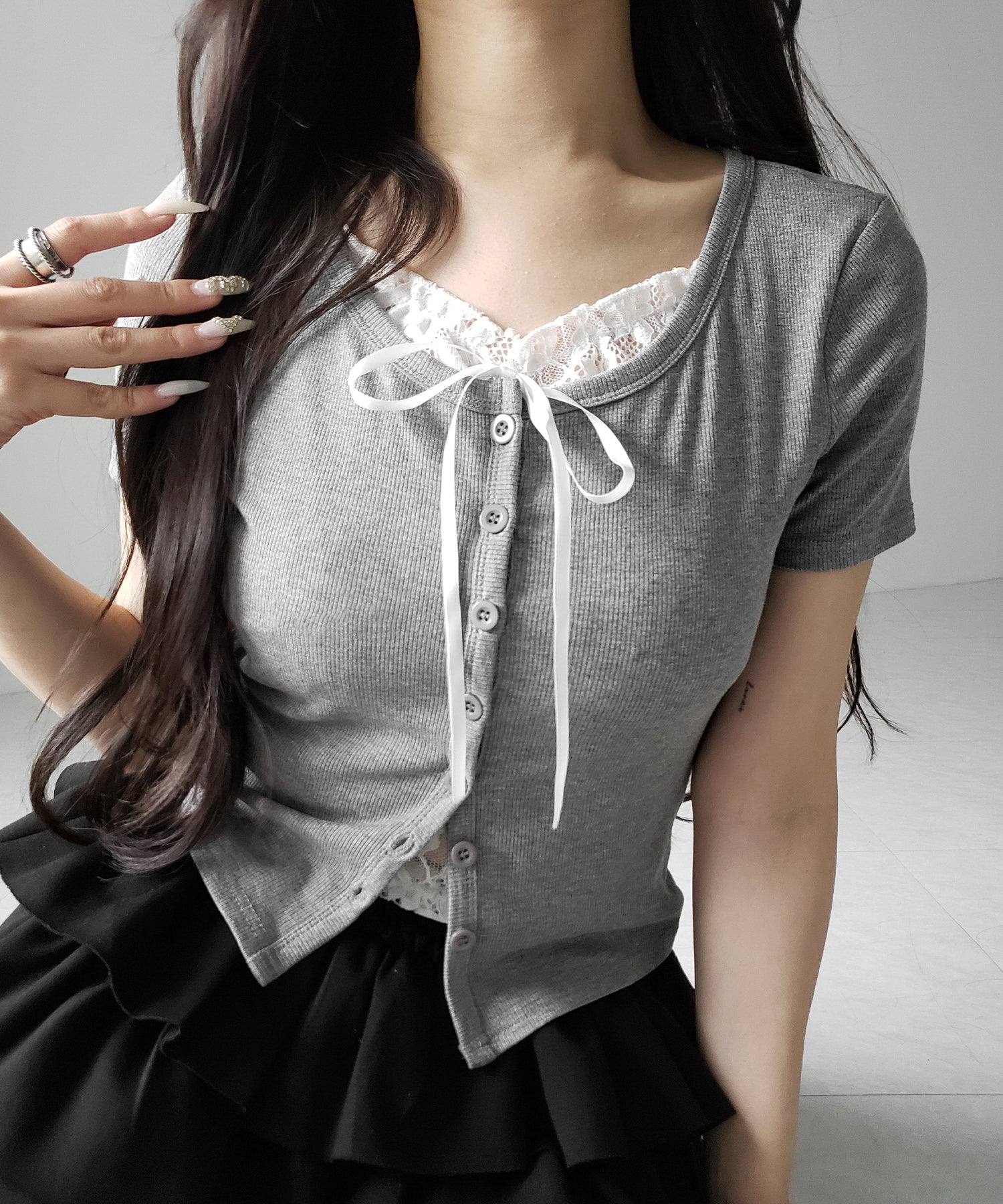 フロントリボンレースレイヤード半袖リブトップス /front ribbon lace layered short sleeve rib tops