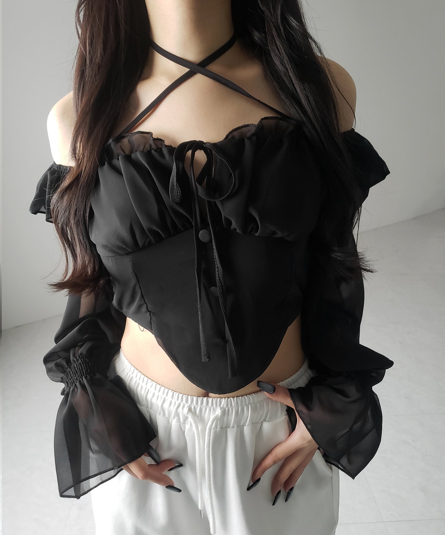 【 2WAY 】フロントリボンクロスネックオフショルシフォンブラウス / front ribbon cross neck off-shoulder chiffon blouse