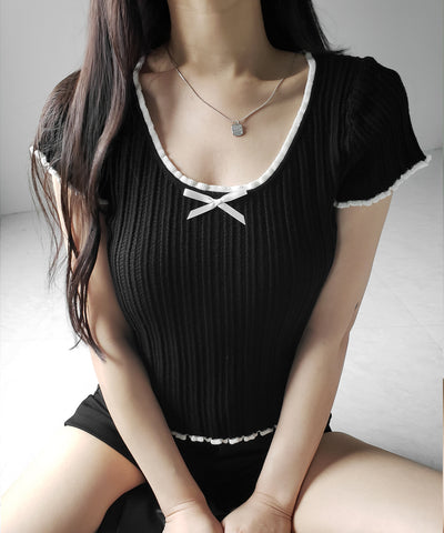 ミニリボンオープンネック半袖ニットトップス / mini ribbon open neck short sleeve knit tops