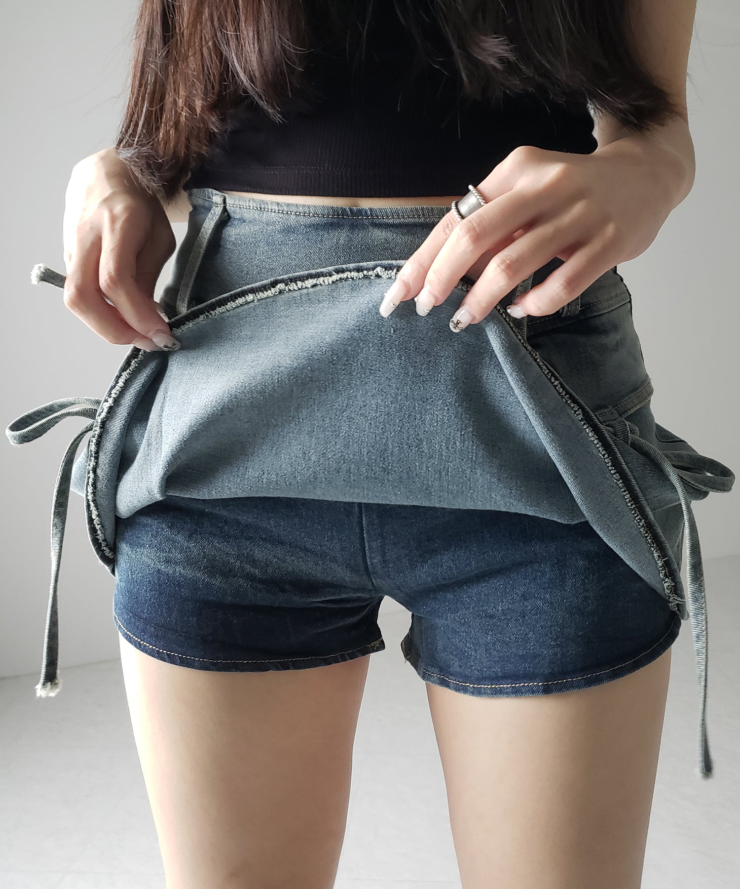 【 2color / 3size 】ヴィンテージライクリボンデニムミニスカパン / vintage like ribbon denim mini skirt pants