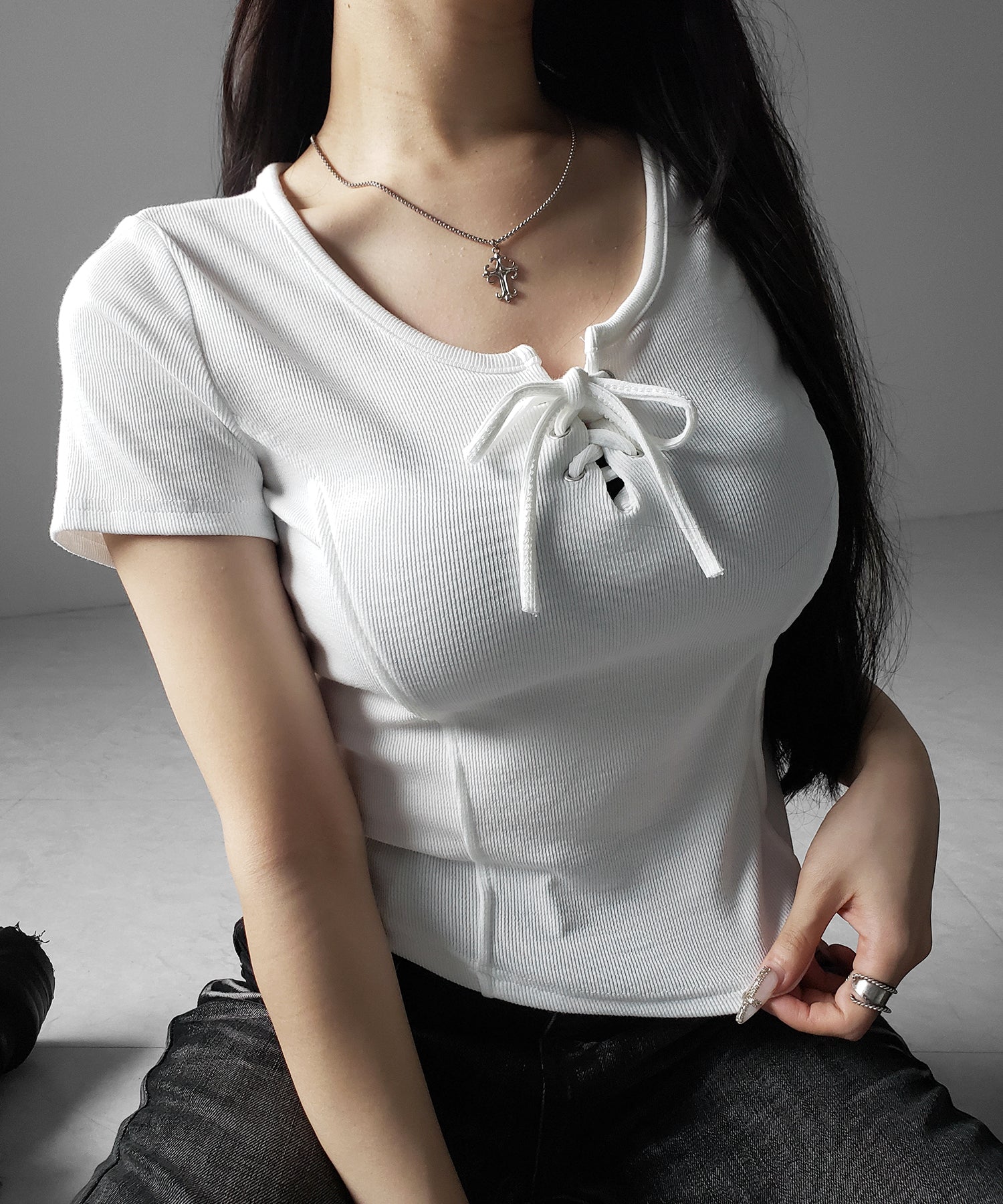 レースアップスリムリブTシャツ / laceup slim lib T-shirts