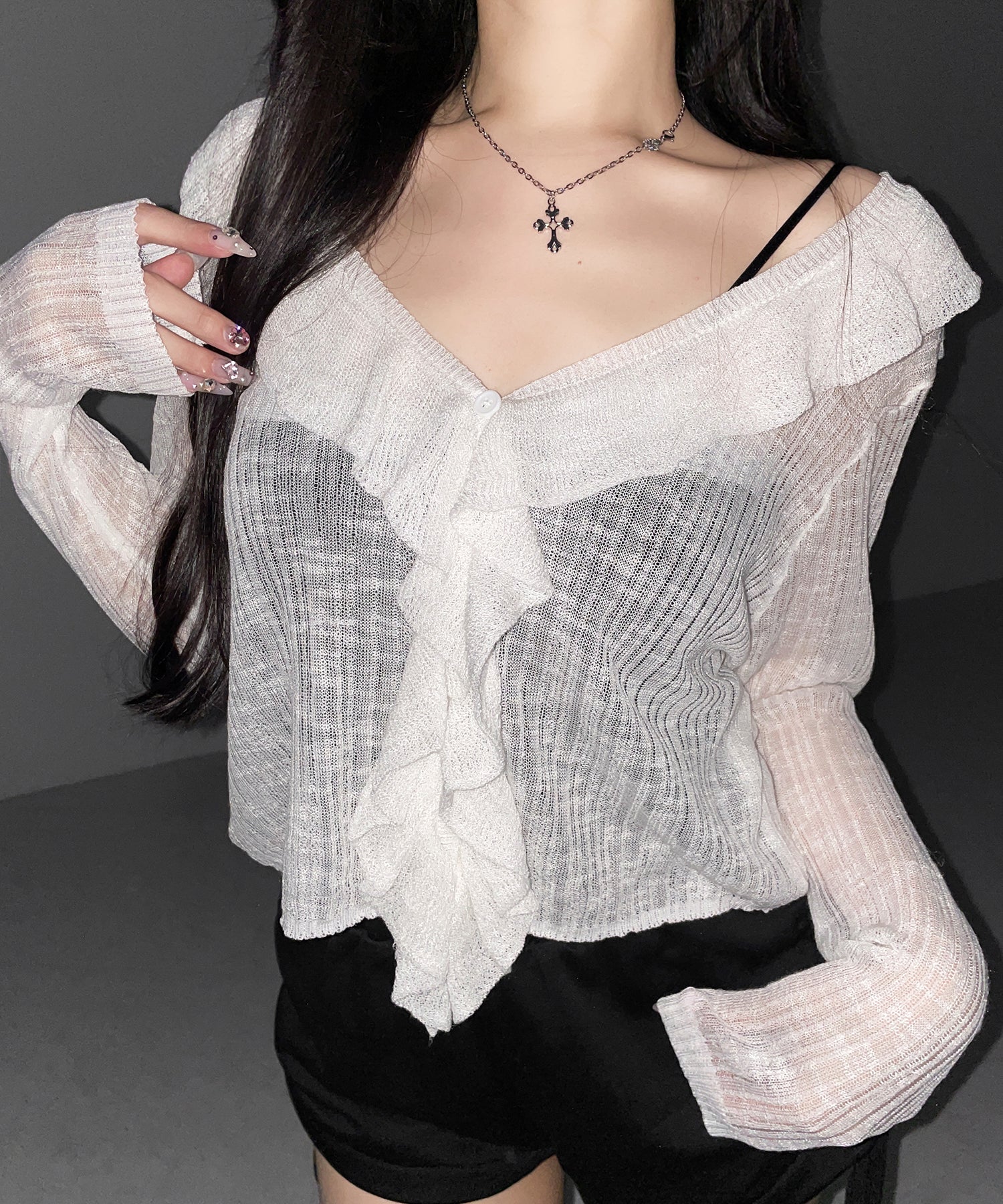 フリルシアールーズニットカーディガン / frill sheer loose knit cardigan