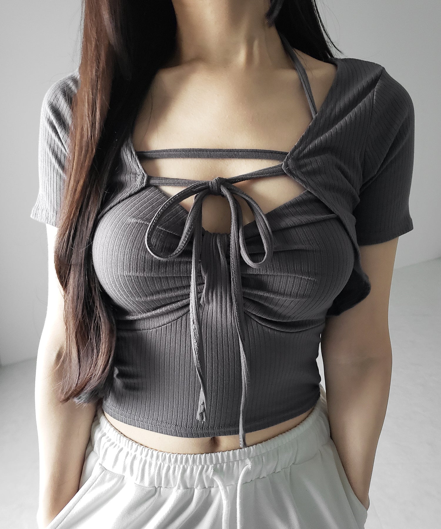 【 2点セット 】 2WAYストラップリブキャミソール + フロントリボンショートカーディガン SET / 2WAY strap lib camisole + front ribbon short cardigan