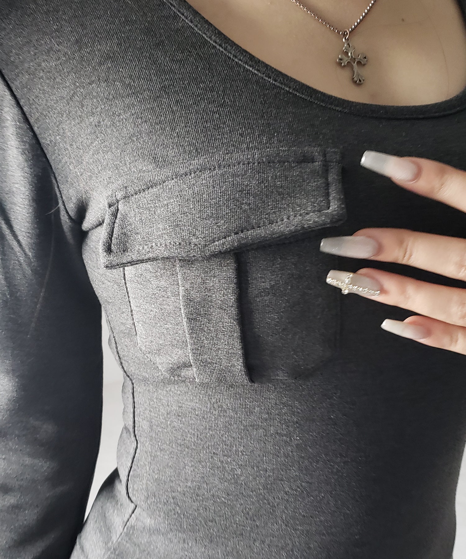 【 裏起毛 】アウトポケットオープンネックスリムトップス / out pocket open neck slim tops