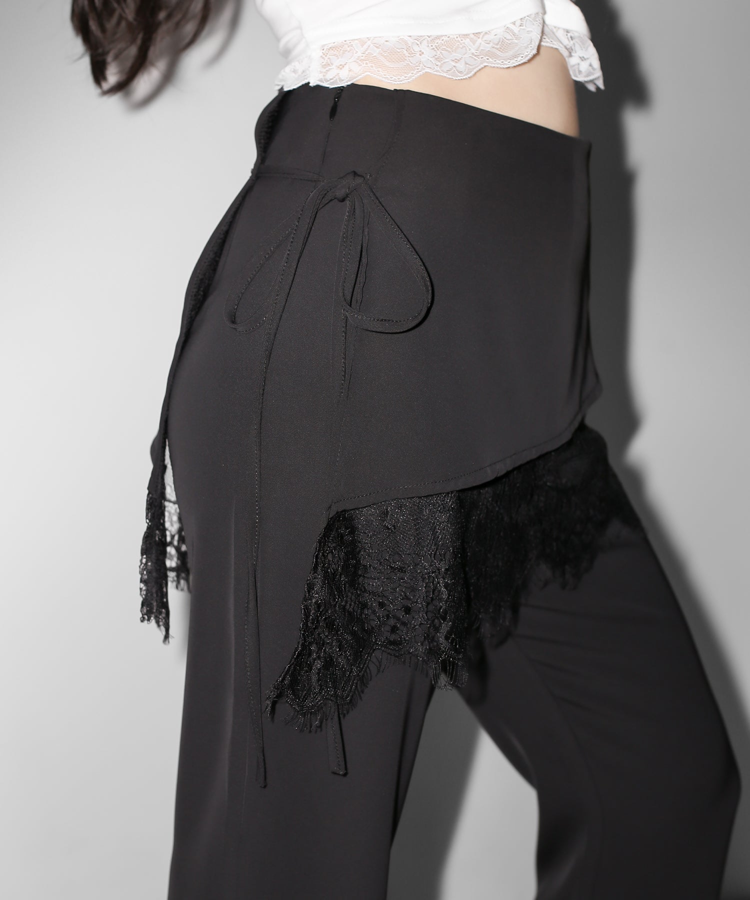 【3size 】レースレイヤードサイドリボンラップフレアスラックス / lace layered side ribbon wrap flare slacks