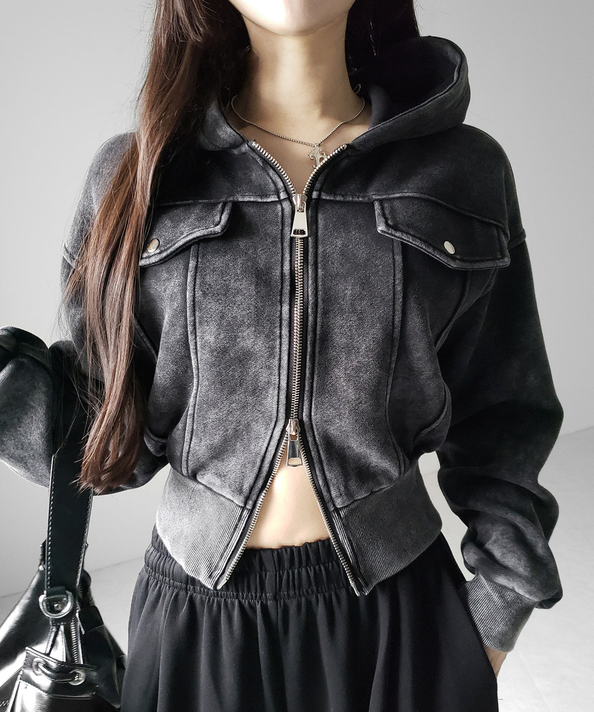 ピグメントダブルジップショートパーカー / pigment double zip short hoodie