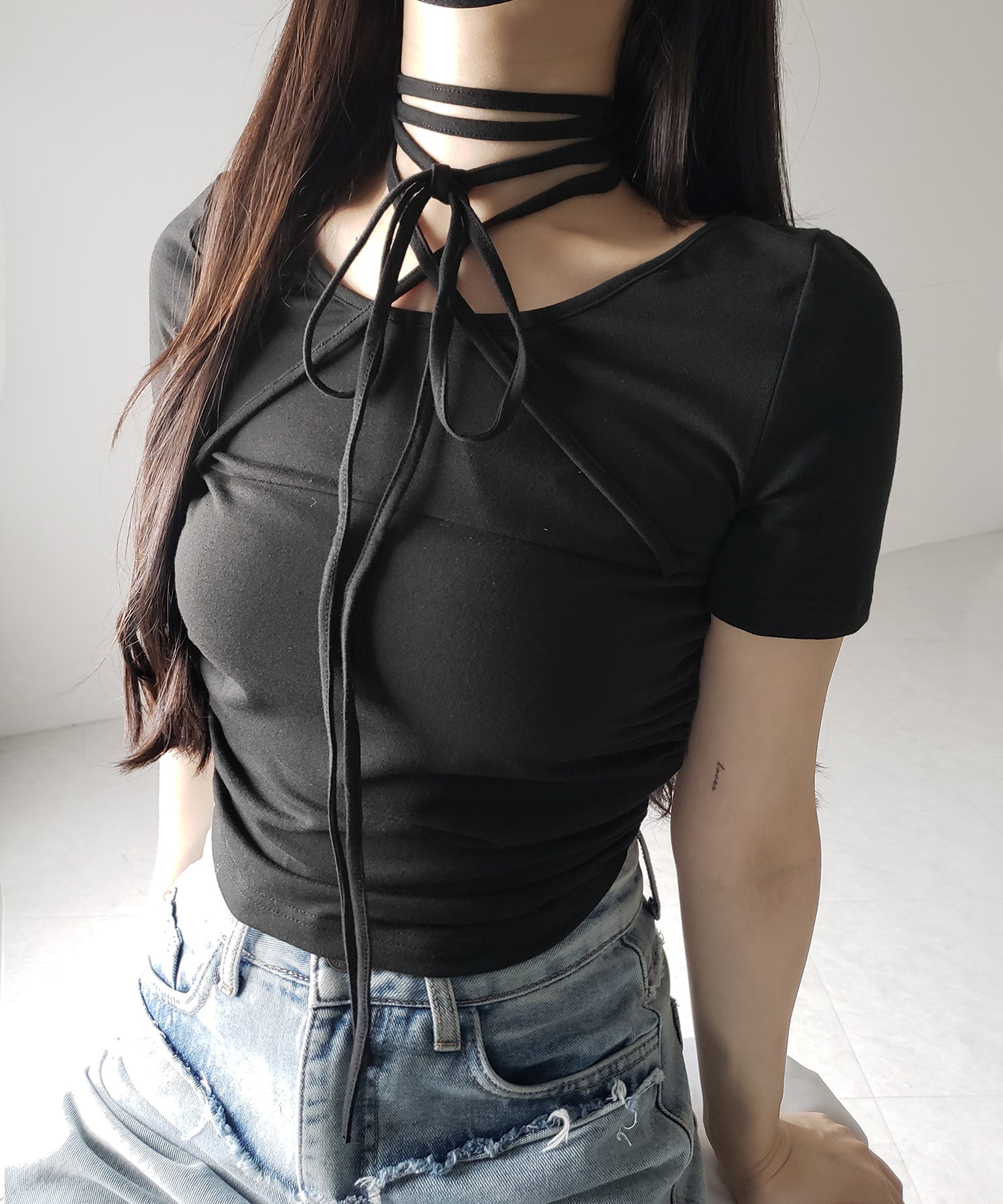クロスストラップロングチョーカー半袖リボントップス / cross strap long choker short sleeve ribbon tops