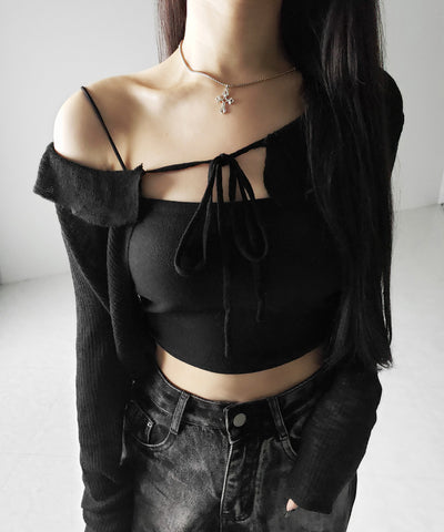 【 2color 】襟付きフロントリボンシアーニットショートカーディガン / collar front ribbon sheer knit short cardigan