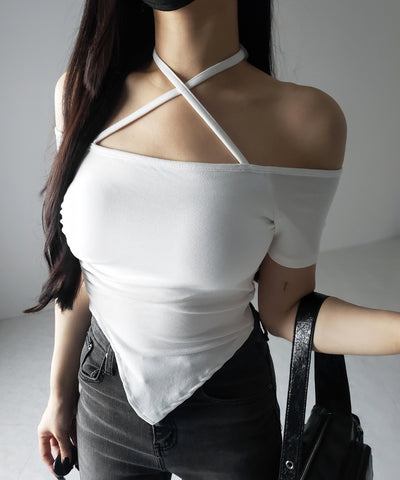 クロスネックアシメギャザーオフショルTシャツ / cross neck asymmetry gather off shoulder T-shirt