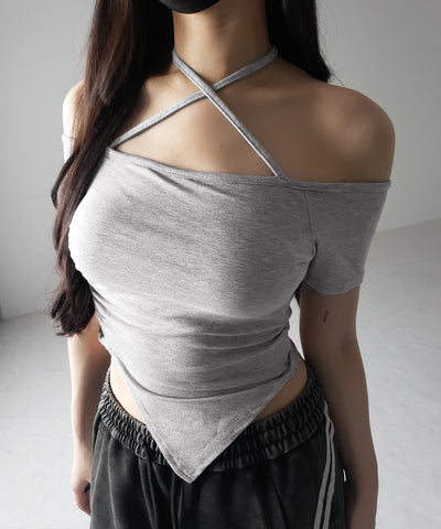 クロスネックアシメギャザーオフショルTシャツ / cross neck asymmetry gather off shoulder T-shirt