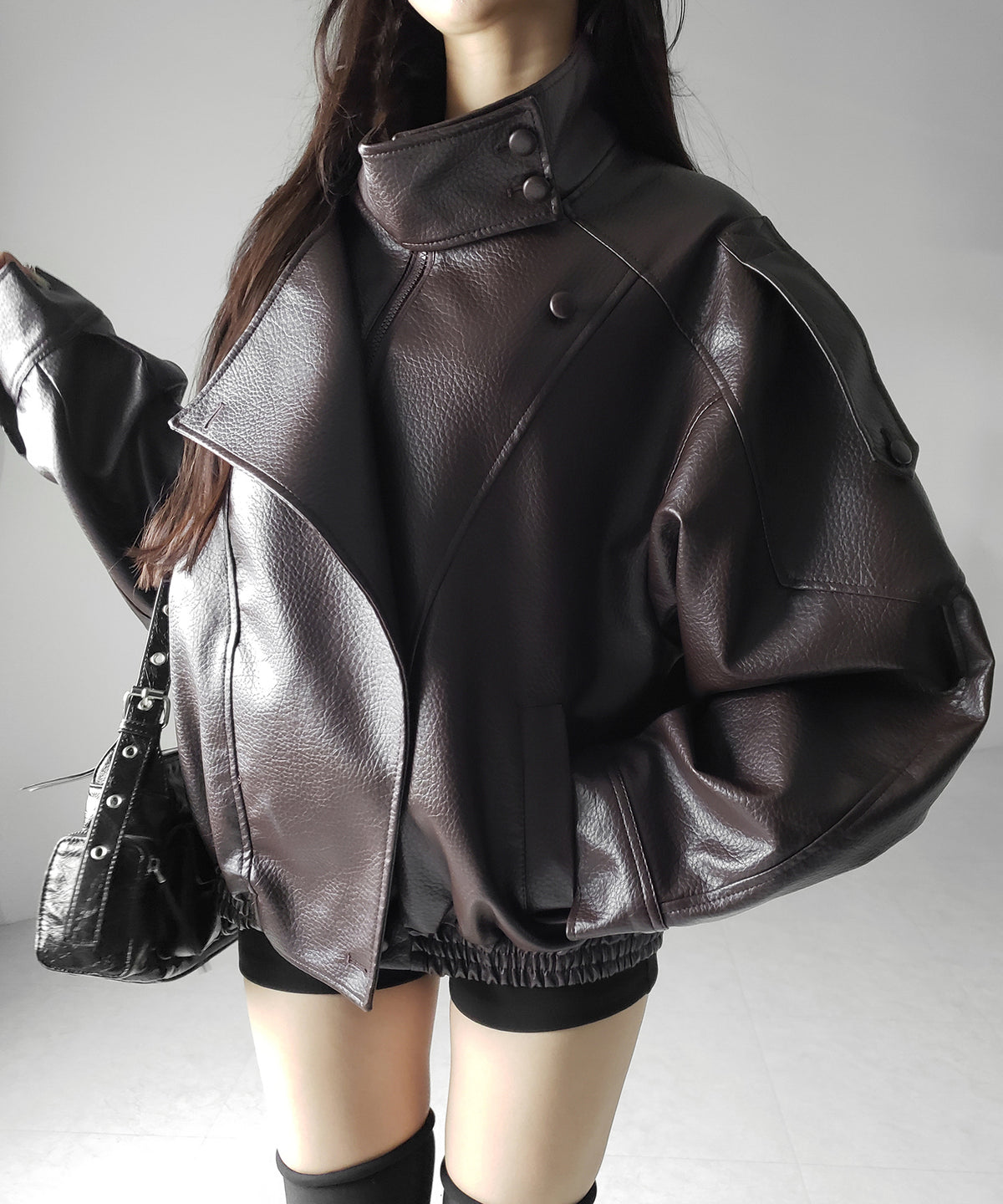 ヴィンテージフェイクレザースタンドカラージップアップブルゾン / 2WAY vintage fake leather stand collar zipup blouson