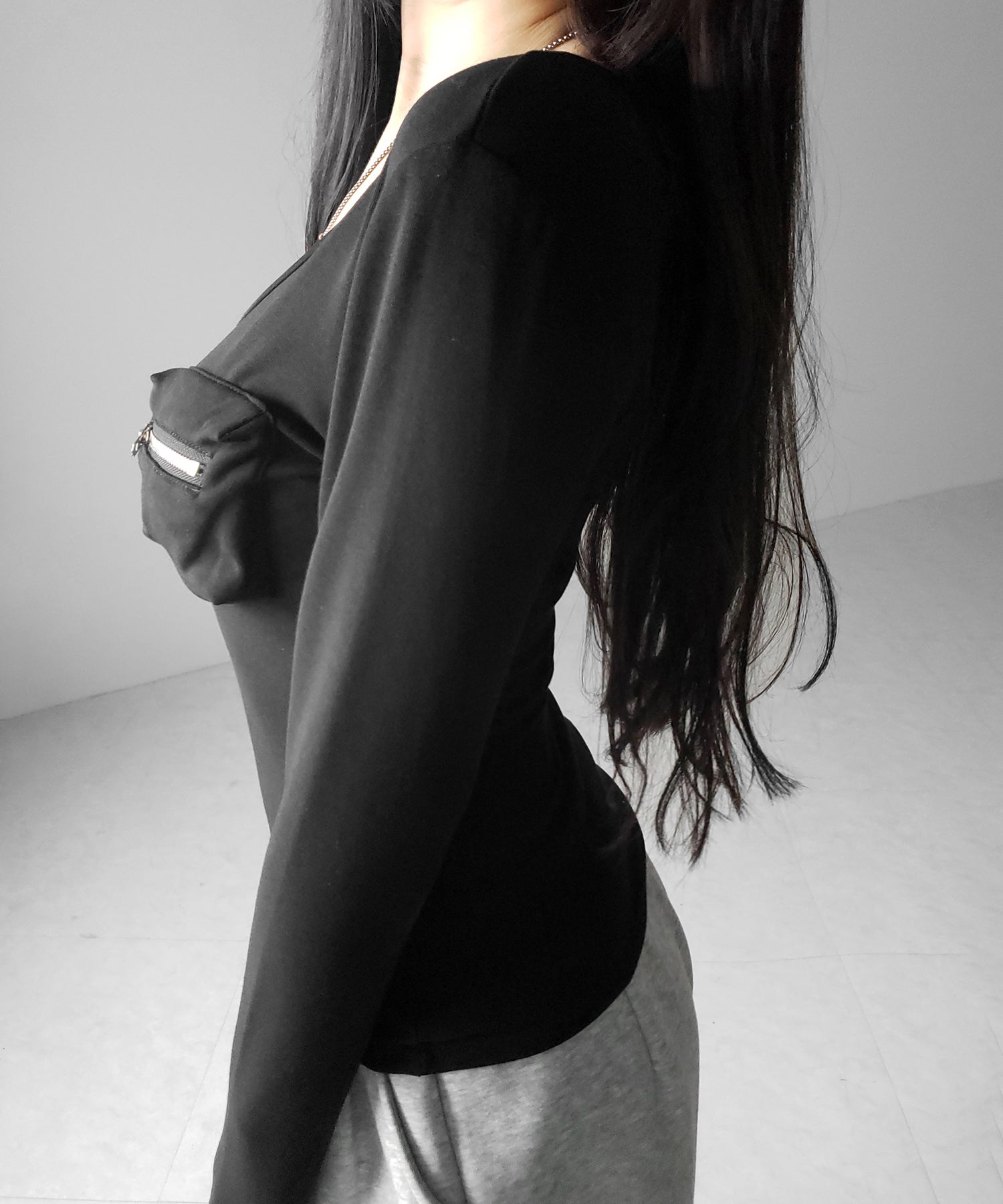 【 裏起毛 】アウトポケットオープンネックスリムトップス / out pocket open neck slim tops