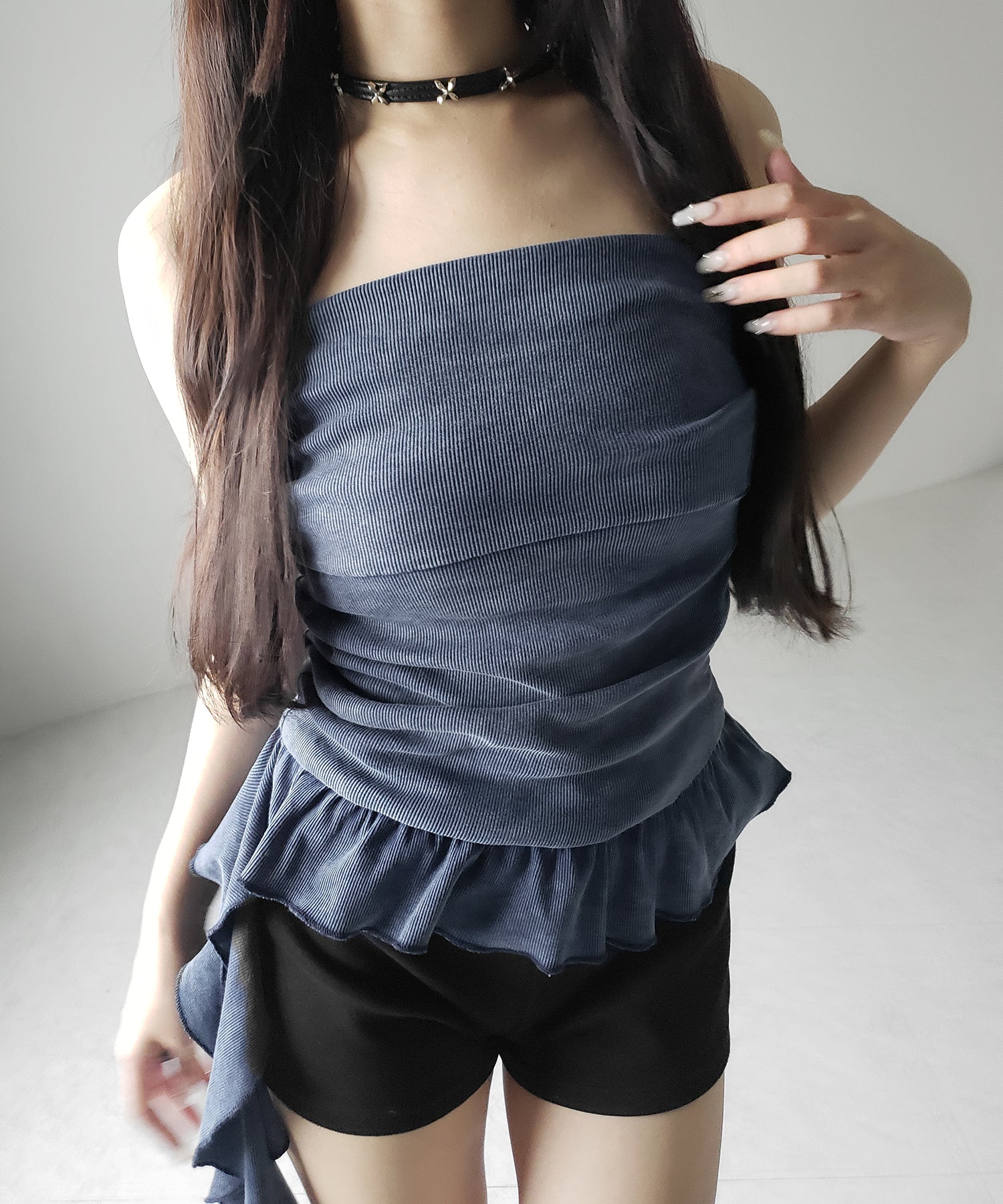 【 2color 】ヴィンテージピグメントフリルベアトップス / vintage pigment frill bare tops
