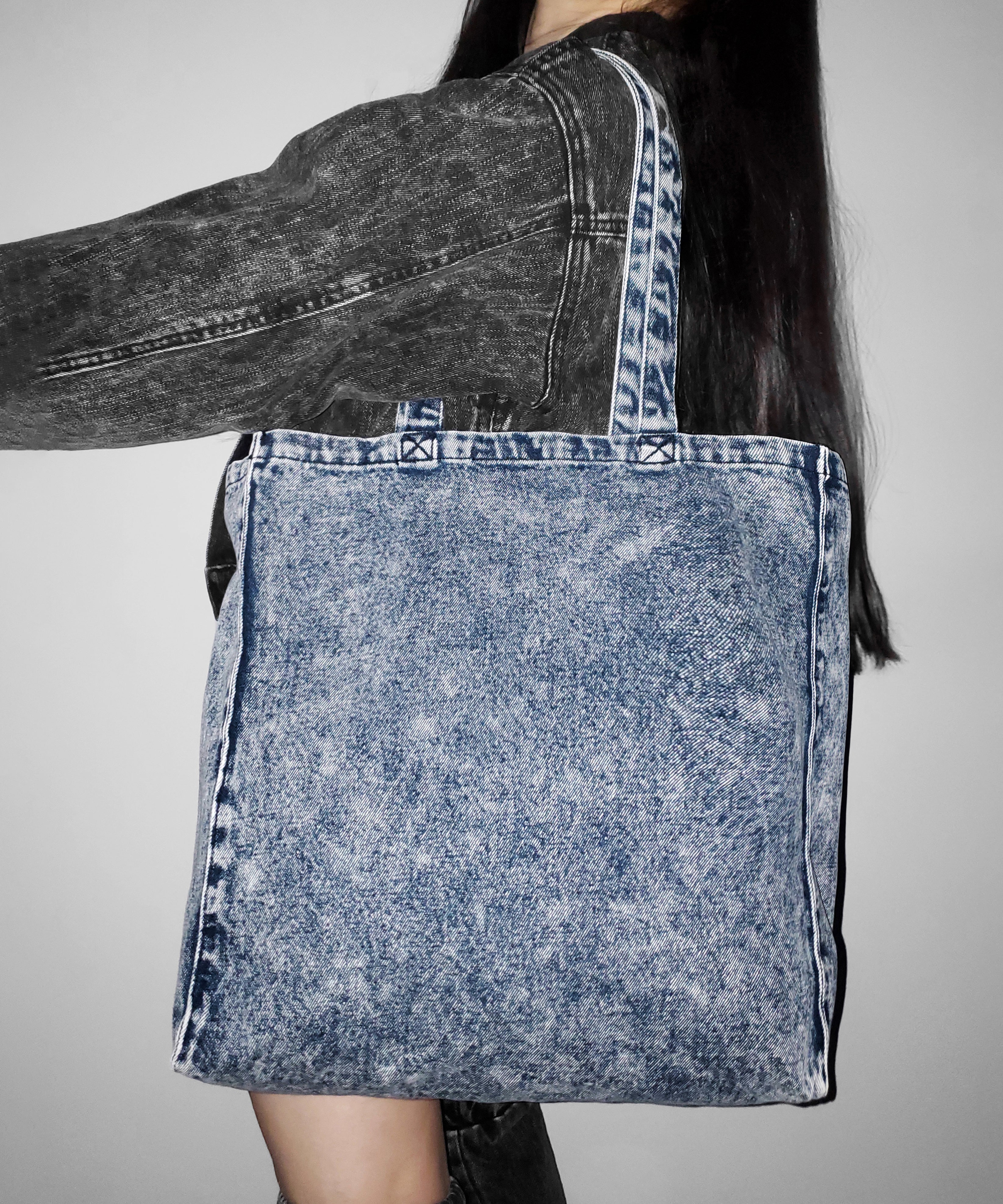 【 2color 】ヴィンテージケミカルブリーチビッグスクエアデニムトートバッグ / vintage chemical bleach big square denim tote bag